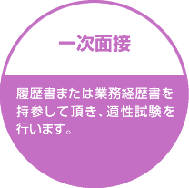 一次面接 履歴書または業務経歴書を持参して頂き、適性試験を行います。